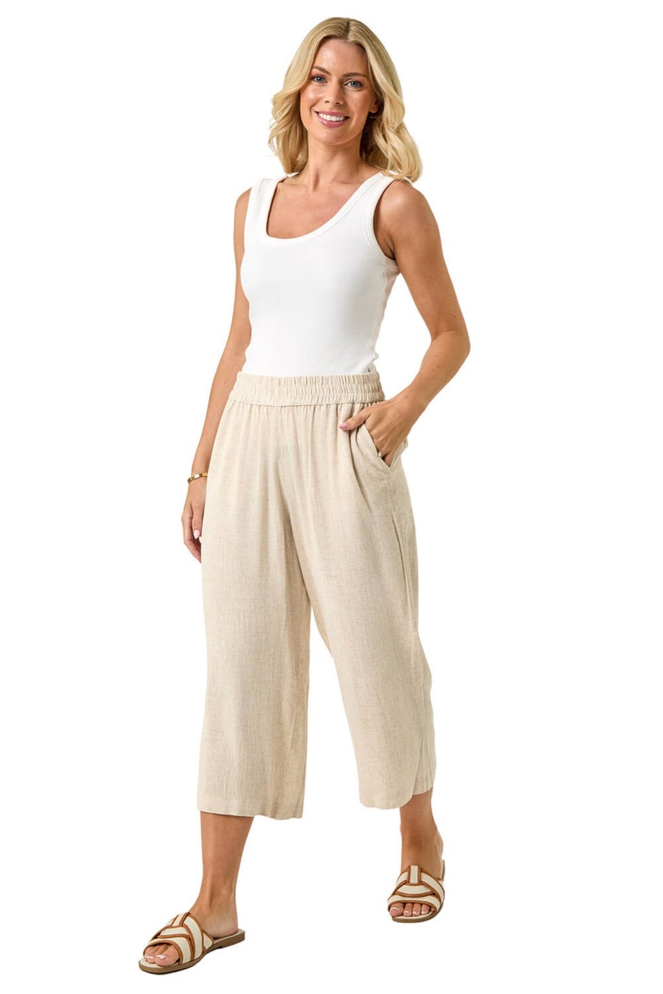 Roman Natural Petite Linen Mix Cropped Trouser