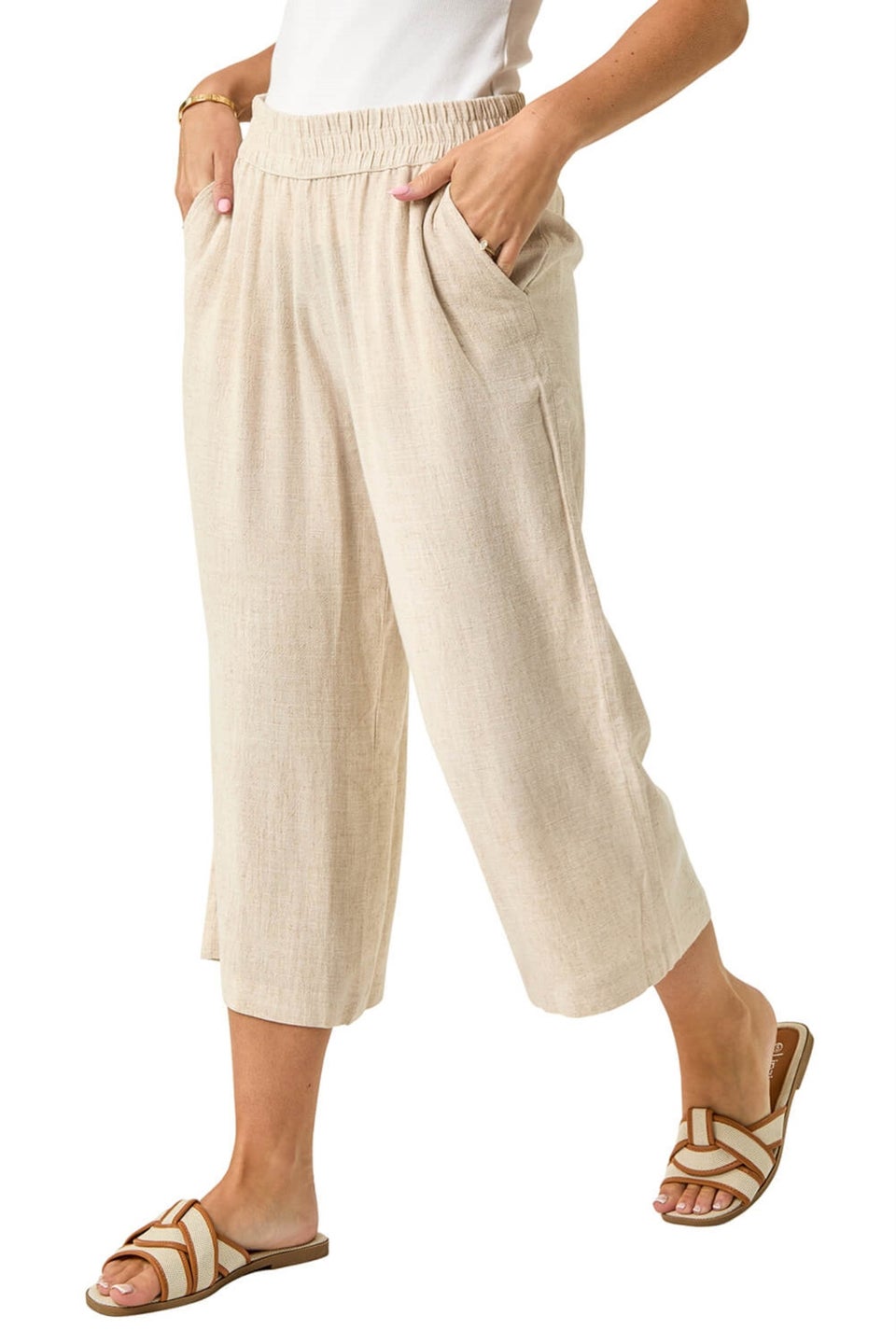 Roman Natural Petite Linen Mix Cropped Trouser