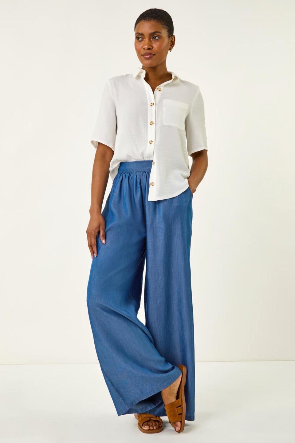 Roman Denim Pleated Full Length Wide Leg Trouser