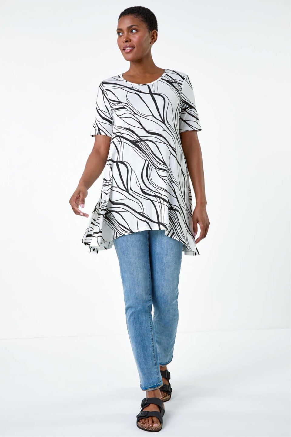 Roman Ivory Abstract Hanky Hem Stretch Tunic Top