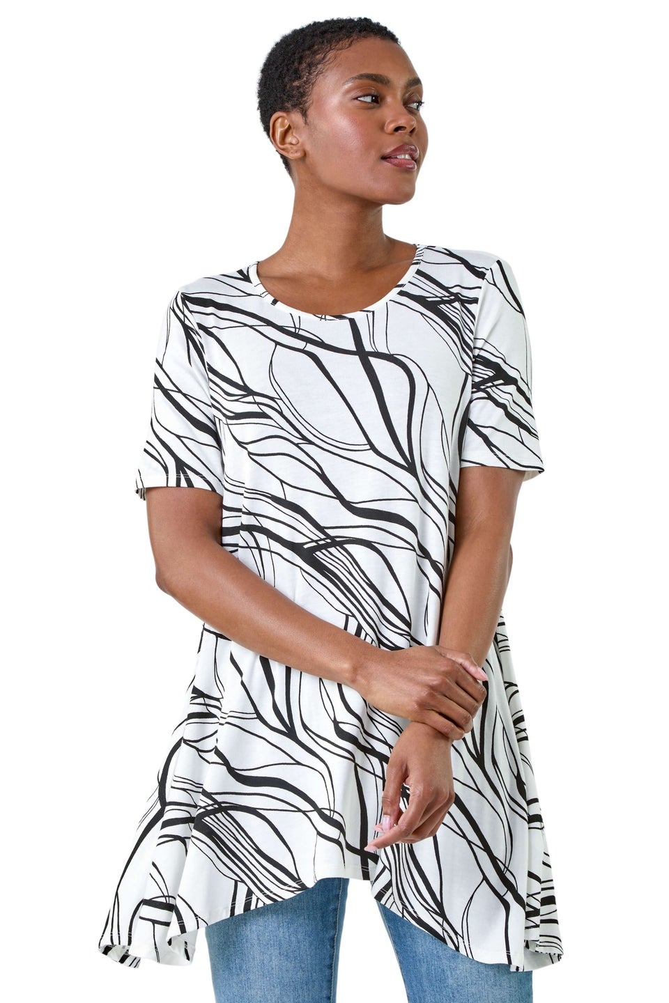 Roman Ivory Abstract Hanky Hem Stretch Tunic Top