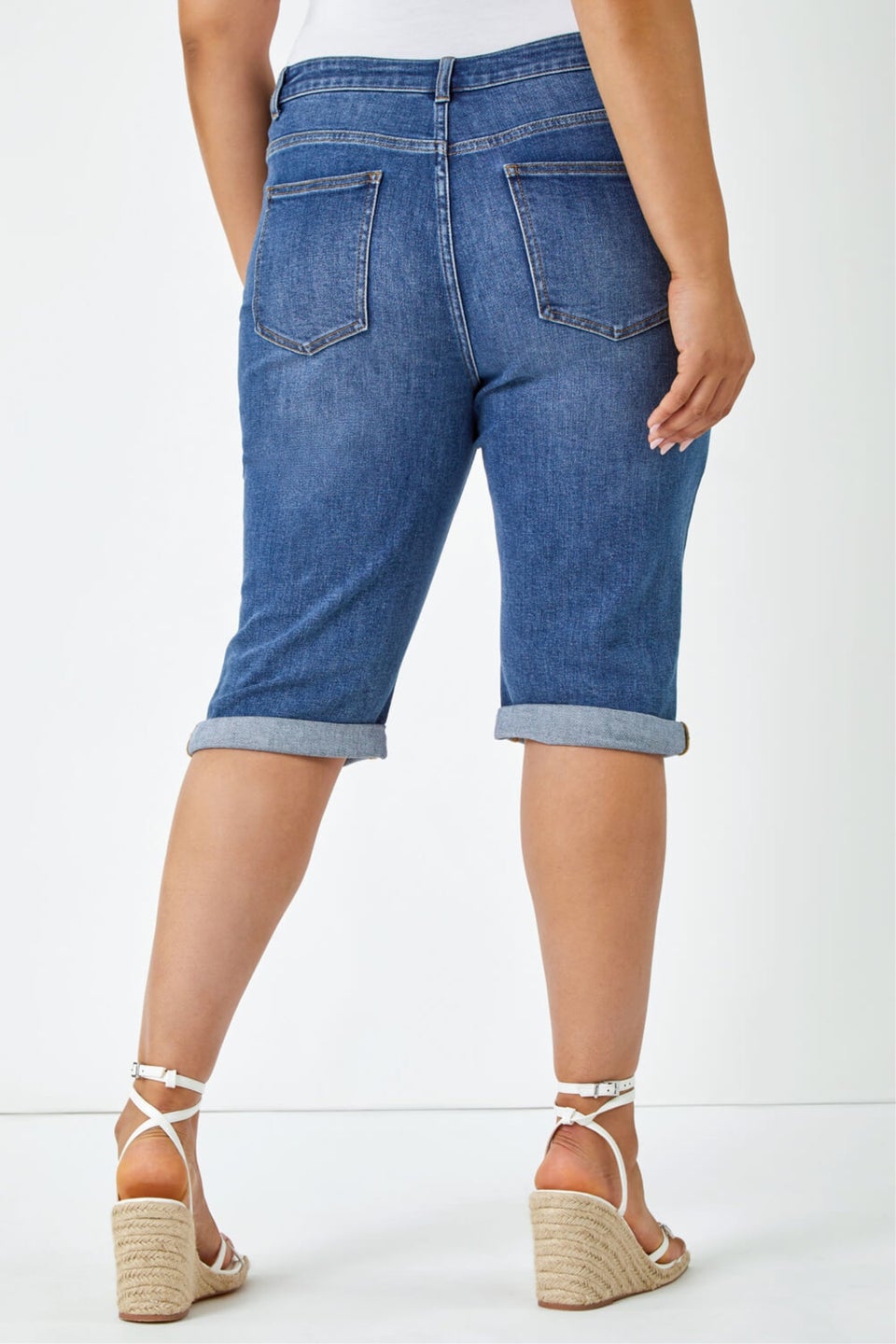 Roman Blue Curve Stretch Knee Length Denim Shorts