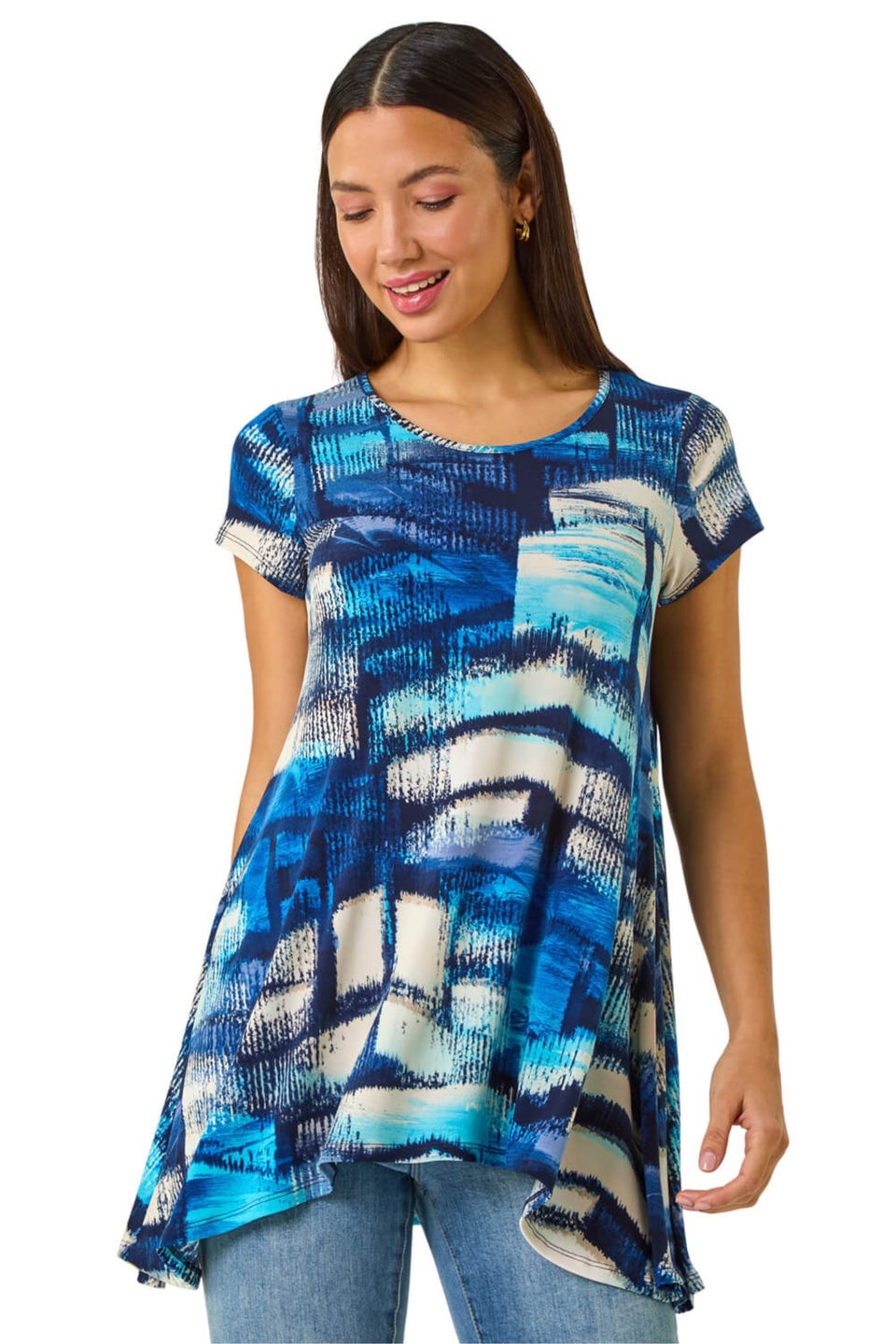 Roman Blue Abstract Print Stretch Tunic Top