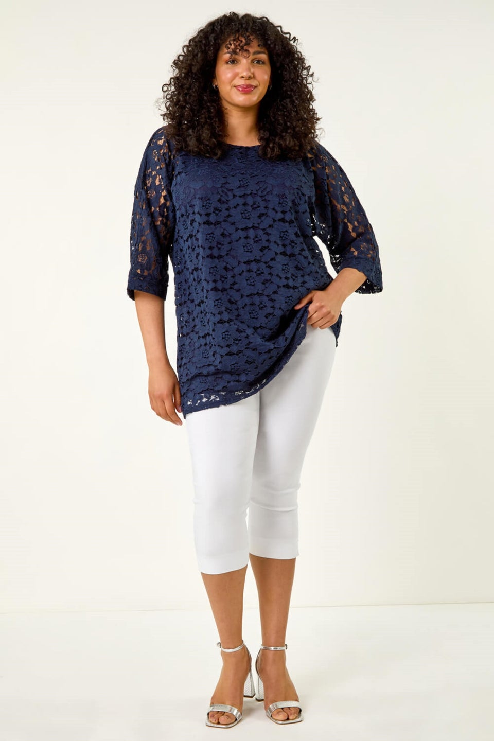 Roman Navy Curve Lace Front Stretch Top