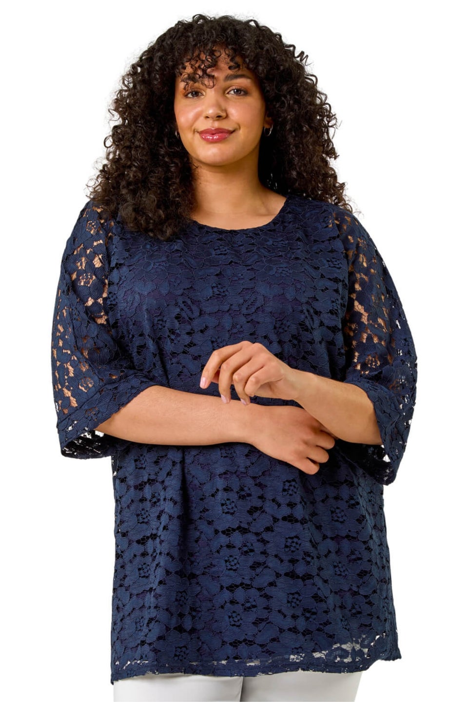 Roman Navy Curve Lace Front Stretch Top