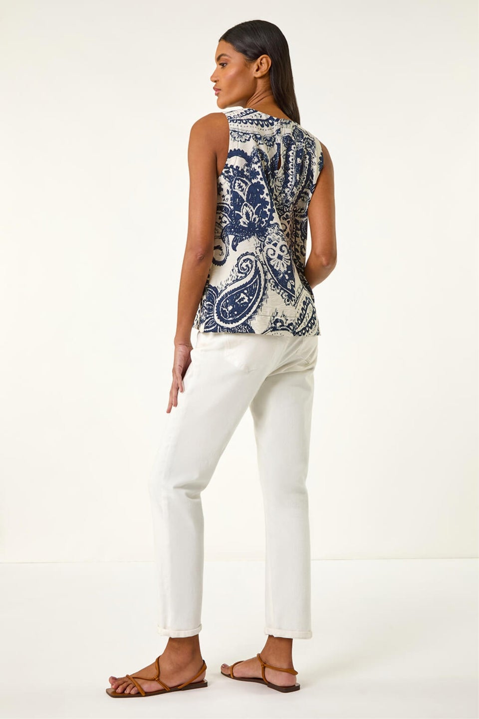 Roman Navy Paisley Print Shell Top