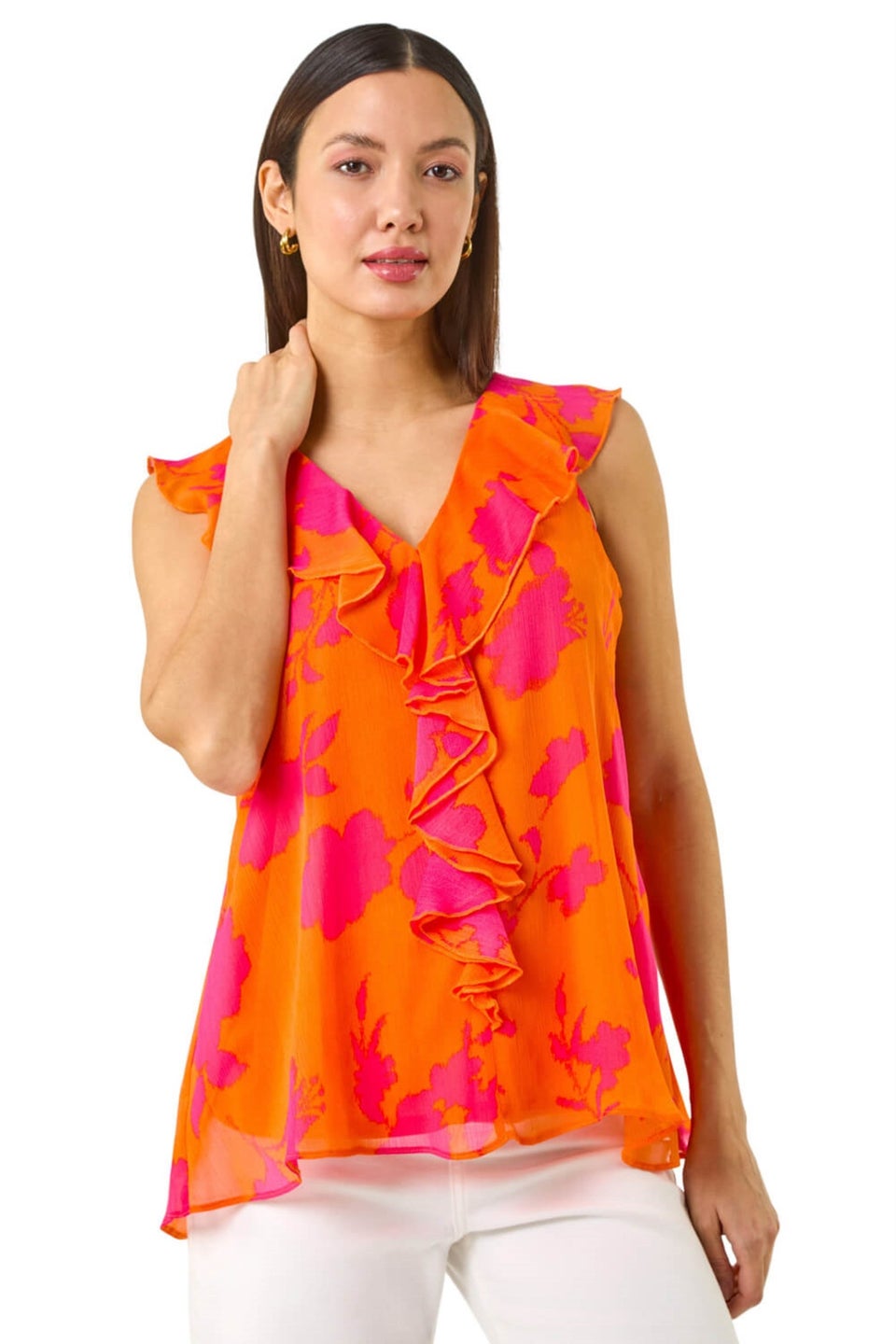Roman Orange Tropical Print Ruffle Vest Top