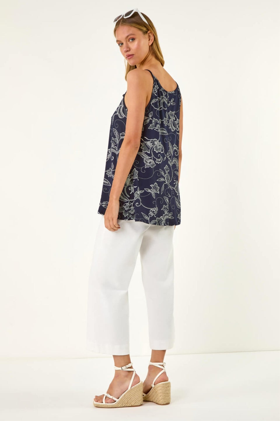 Roman Navy Geometric Lace Trim Cami Top