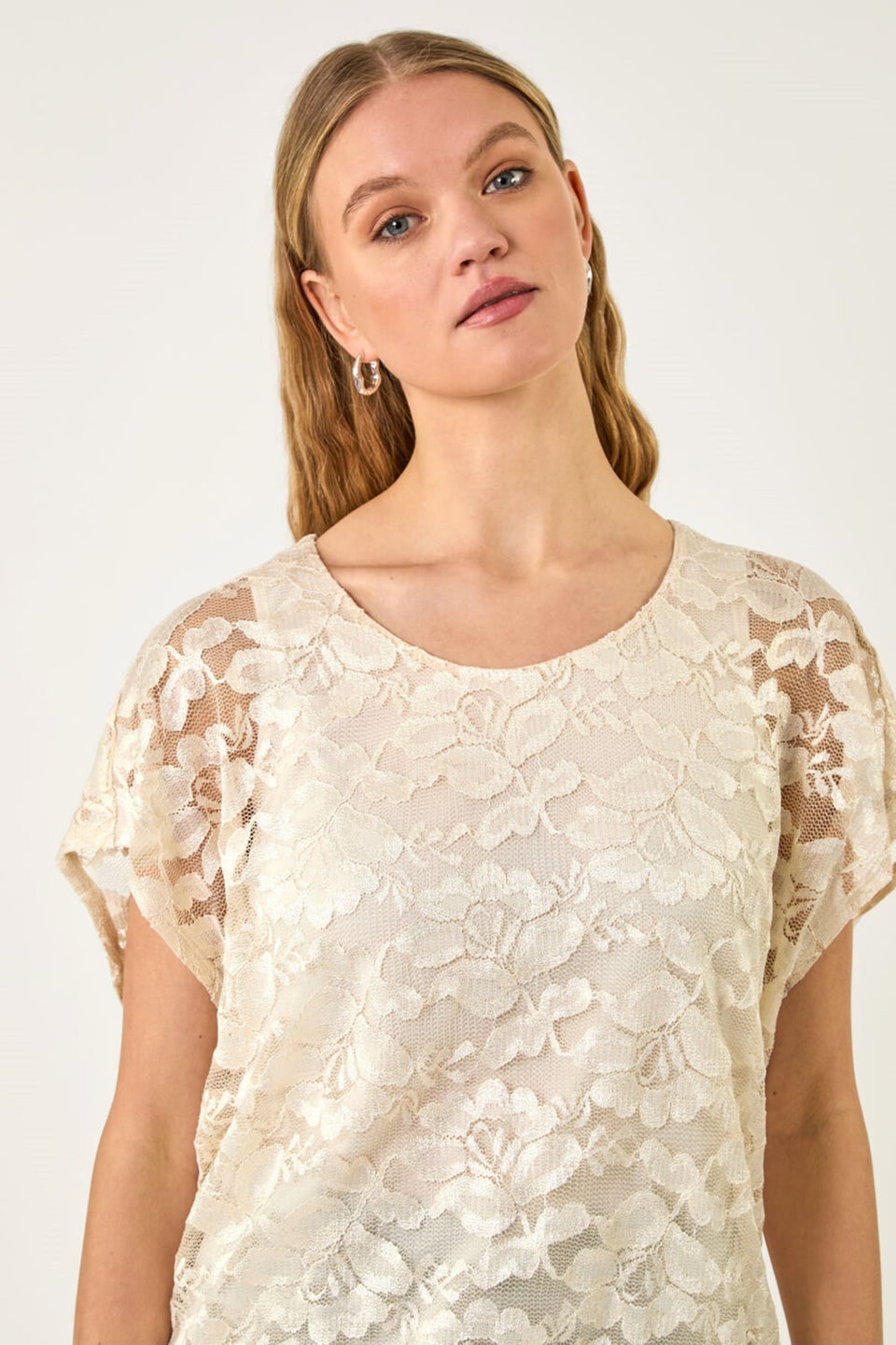 Roman Ivory Floral Lace Overlay Stretch Top
