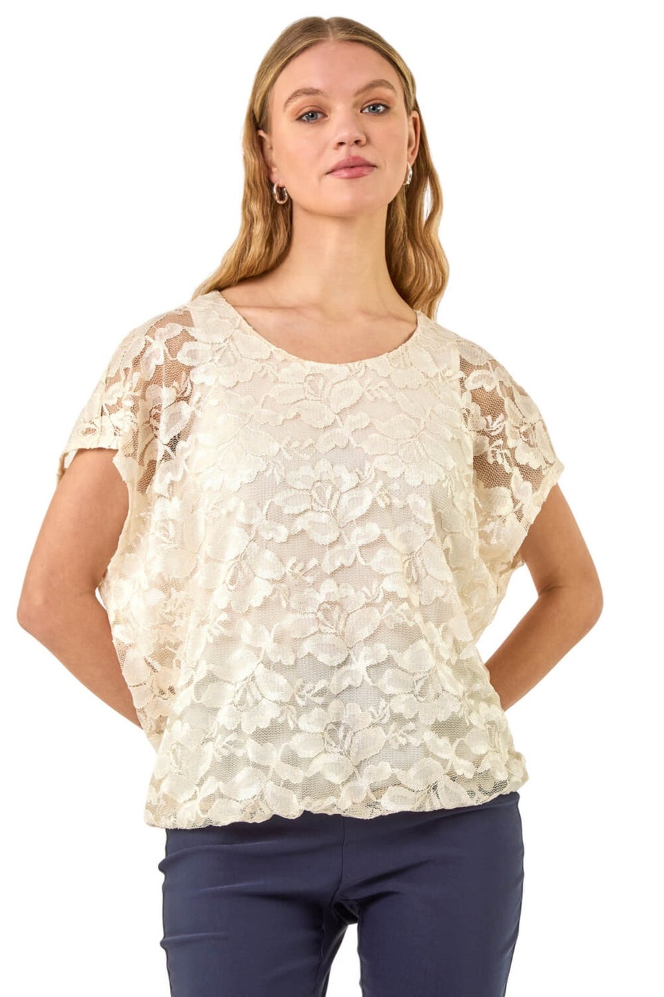 Roman Ivory Floral Lace Overlay Stretch Top