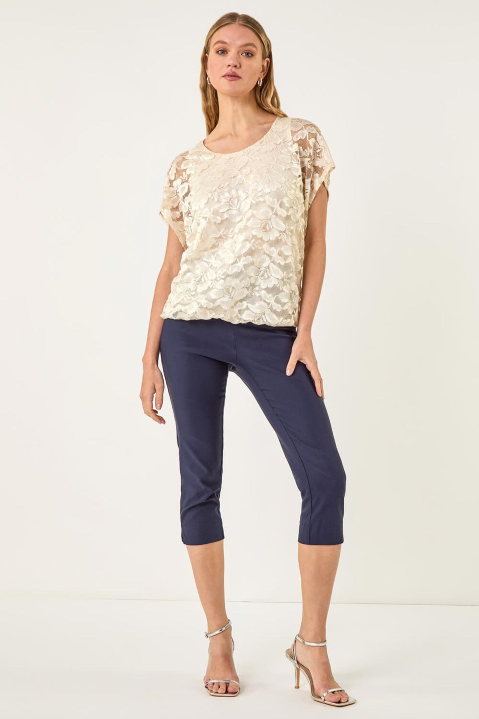 Roman Ivory Floral Lace Overlay Stretch Top