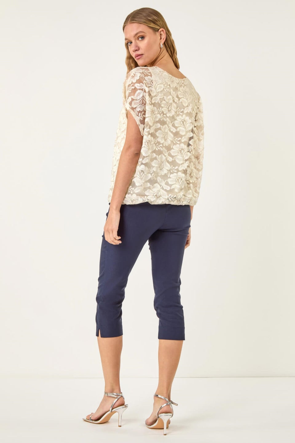 Roman Ivory Floral Lace Overlay Stretch Top