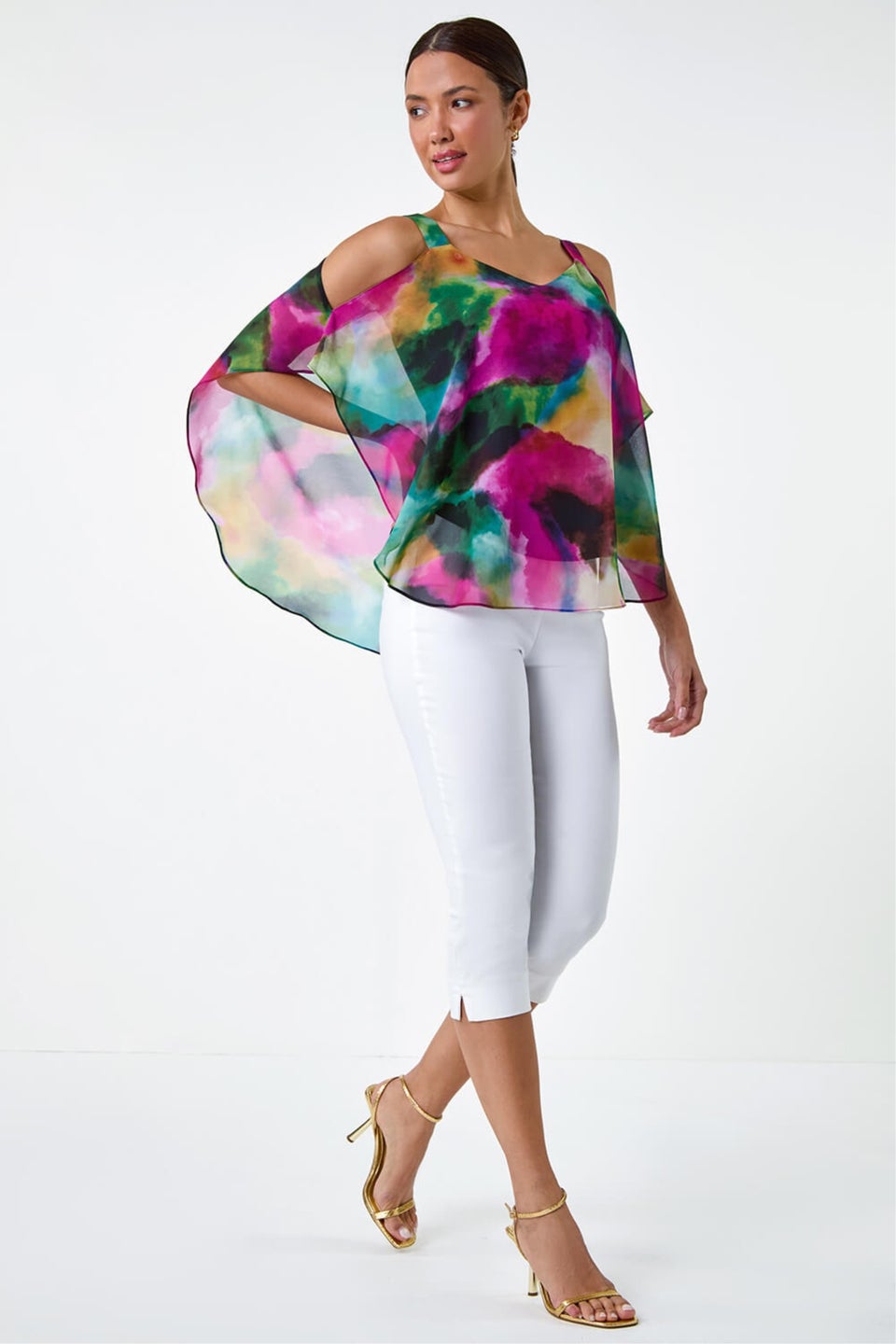 Roman Forest Abstract Print Cold Shoulder Overlay Top