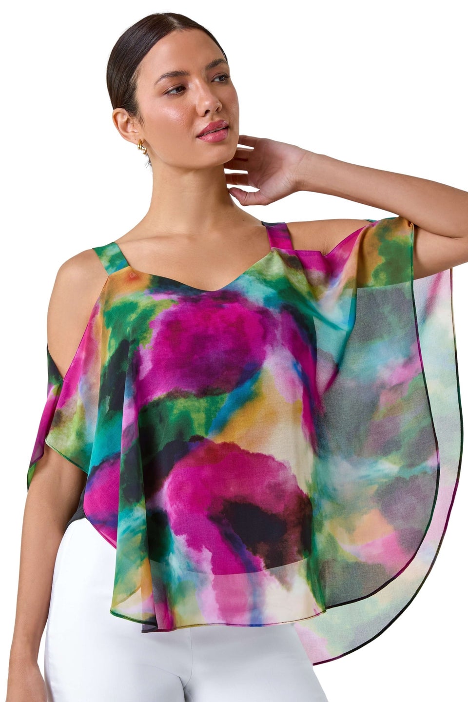 Roman Forest Abstract Print Cold Shoulder Overlay Top