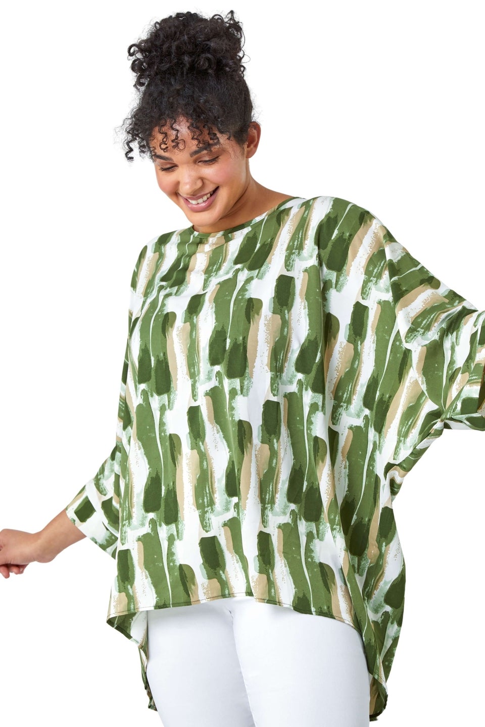 Roman Green Curve Dipped Hem Abstract Print Top