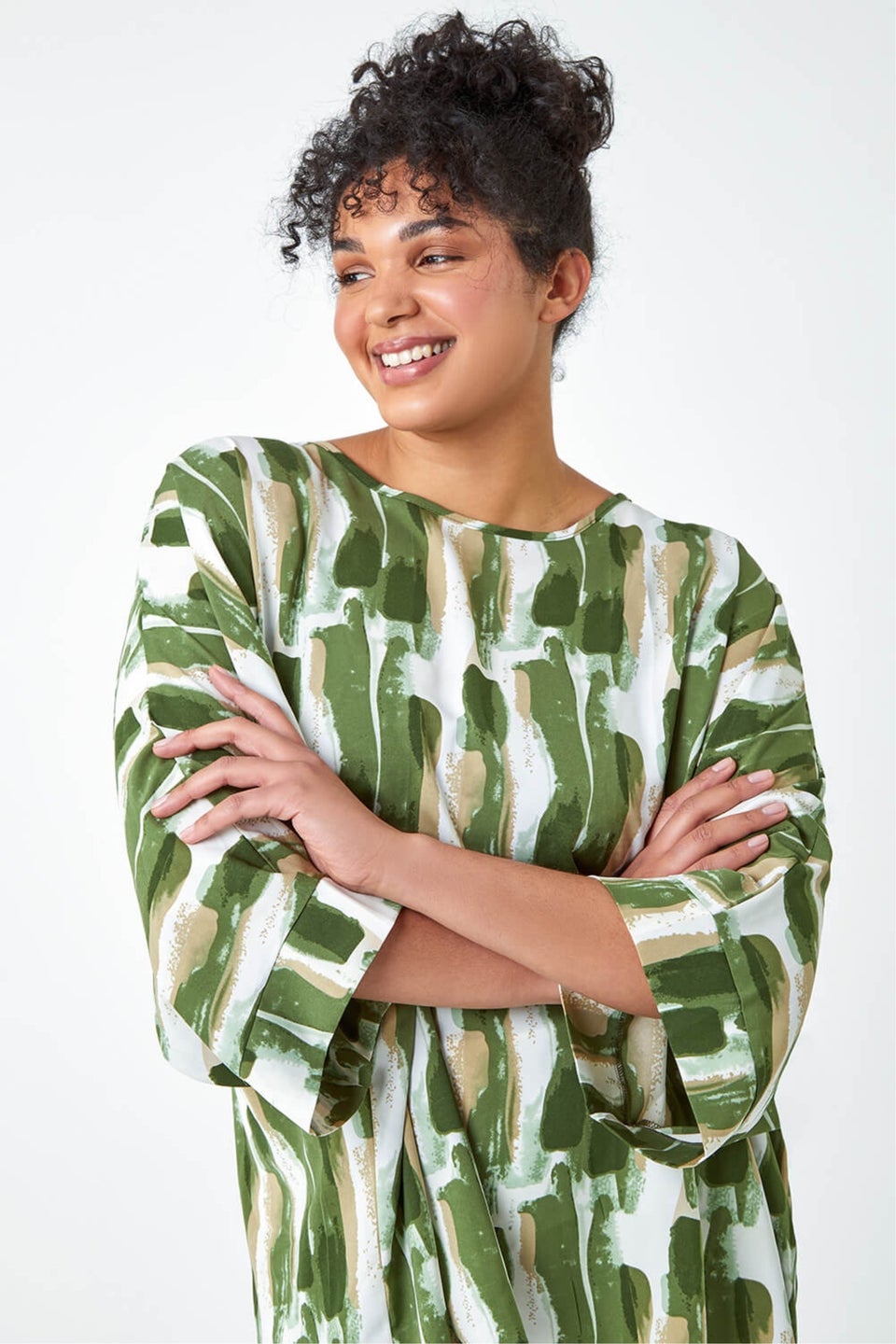Roman Green Curve Dipped Hem Abstract Print Top