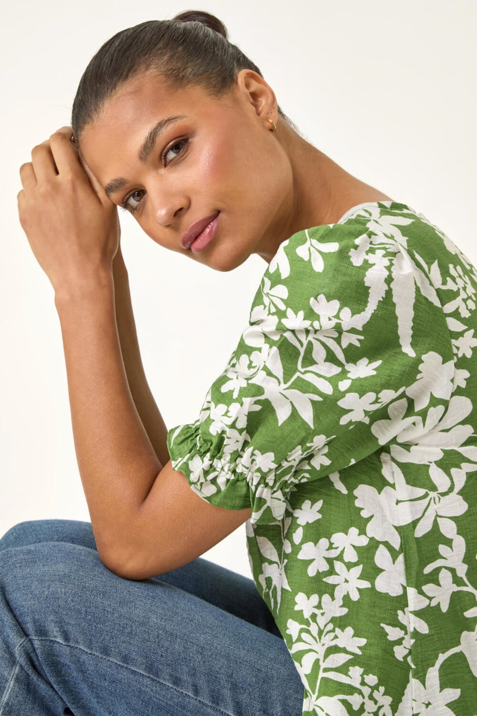 Roman Green Floral Print Puff Sleeve Top