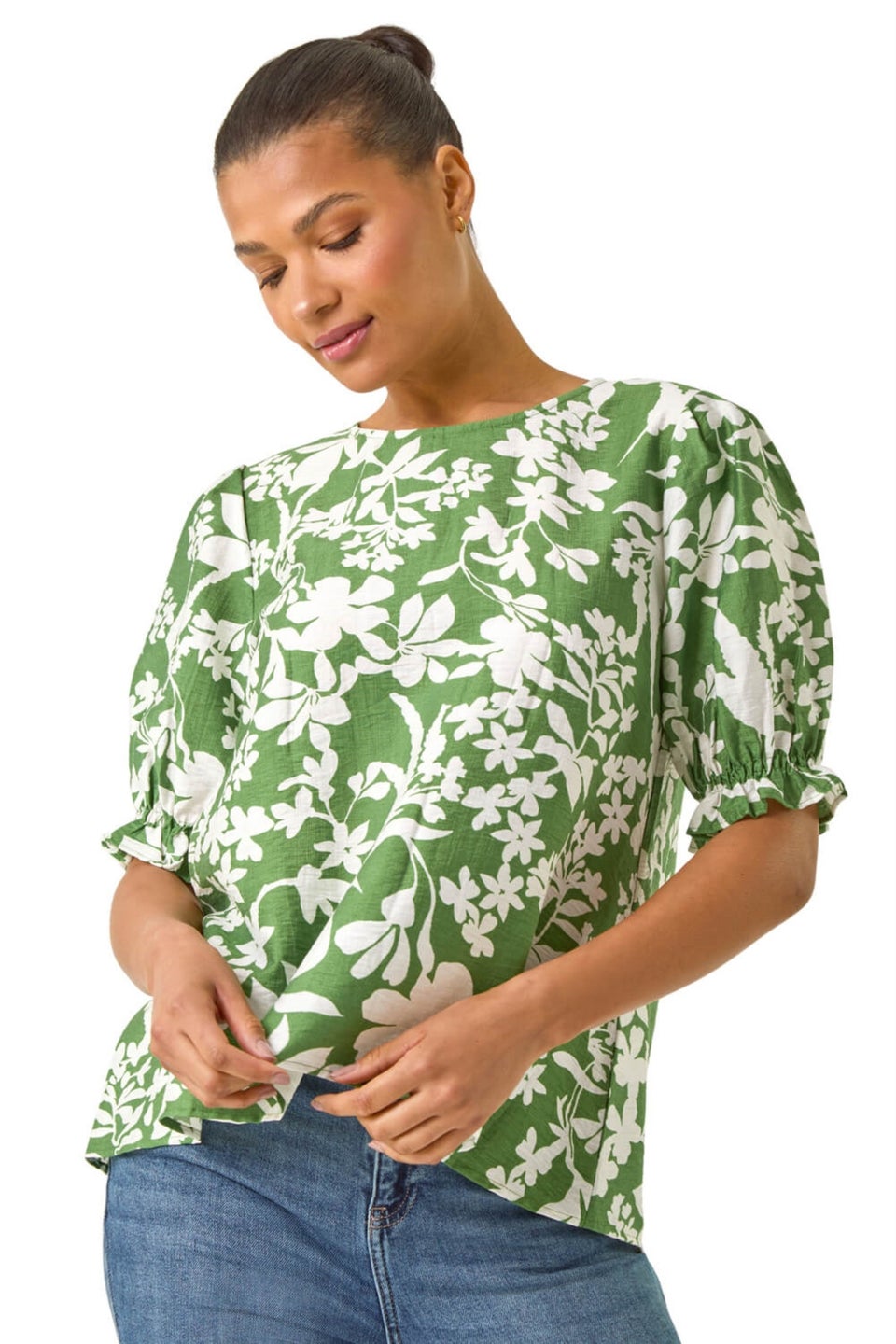 Roman Green Floral Print Puff Sleeve Top