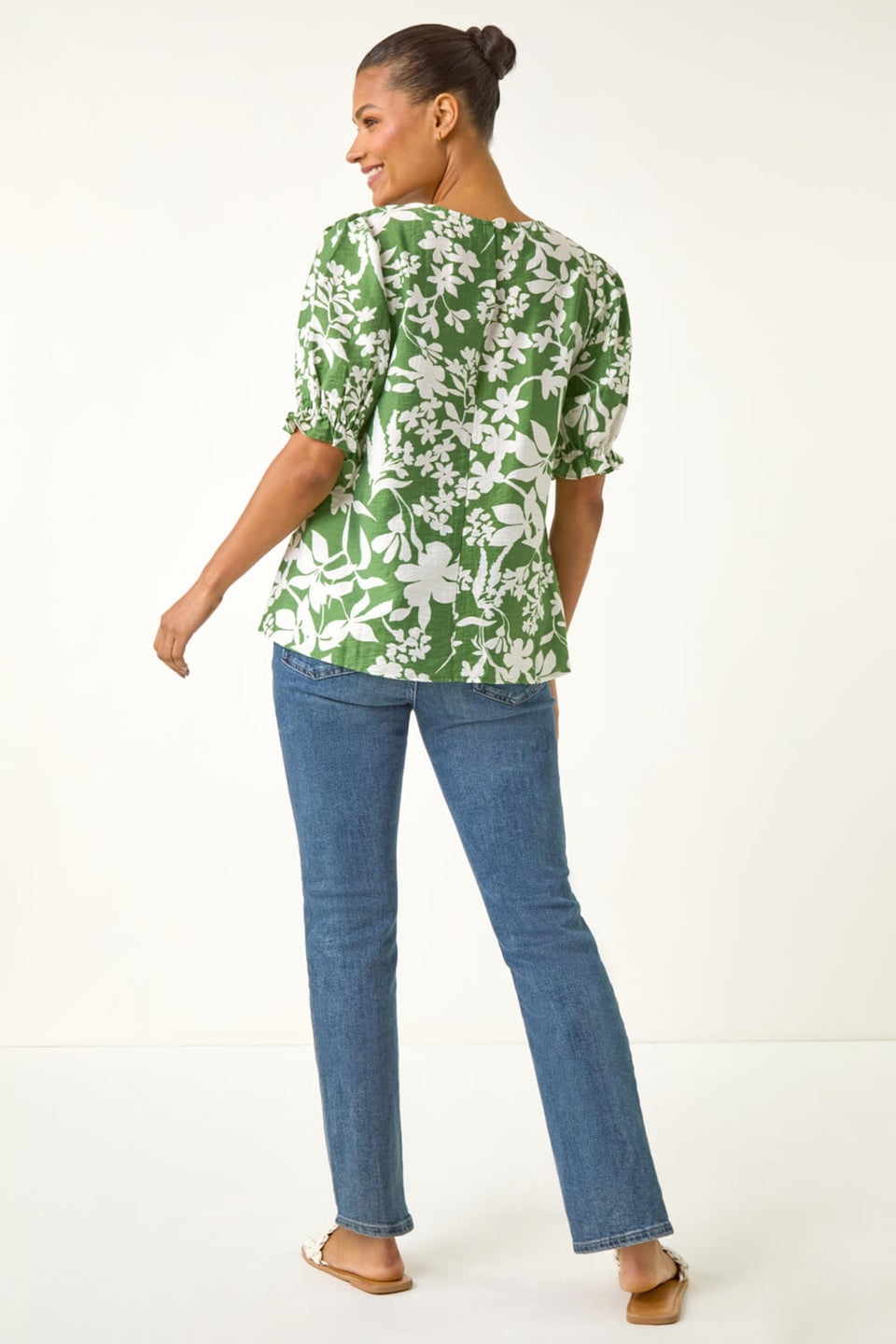 Roman Green Floral Print Puff Sleeve Top
