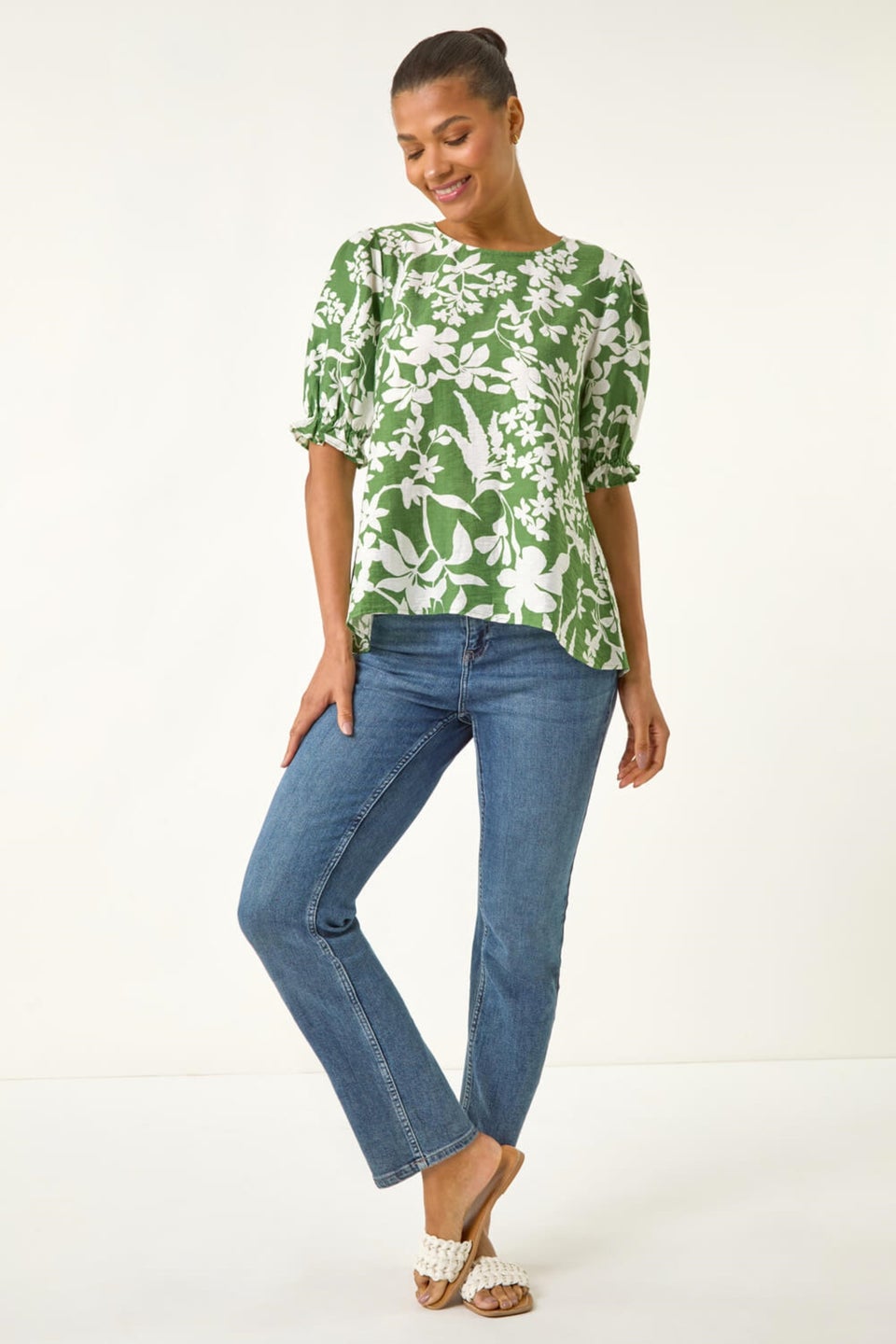 Roman Green Floral Print Puff Sleeve Top