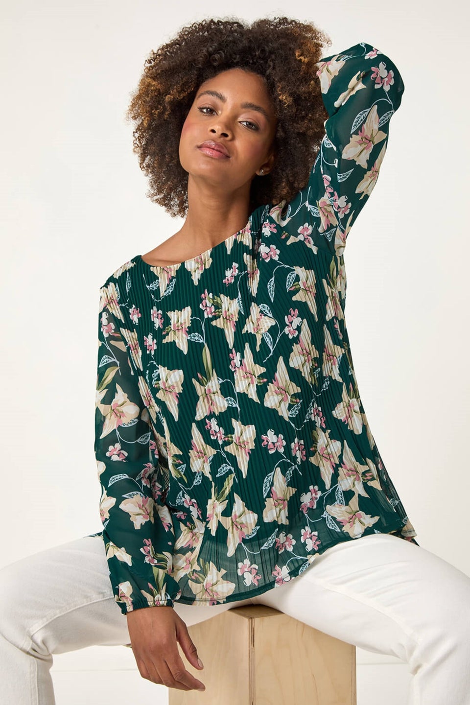 Roman Green Floral Print Pleated Tunic Top
