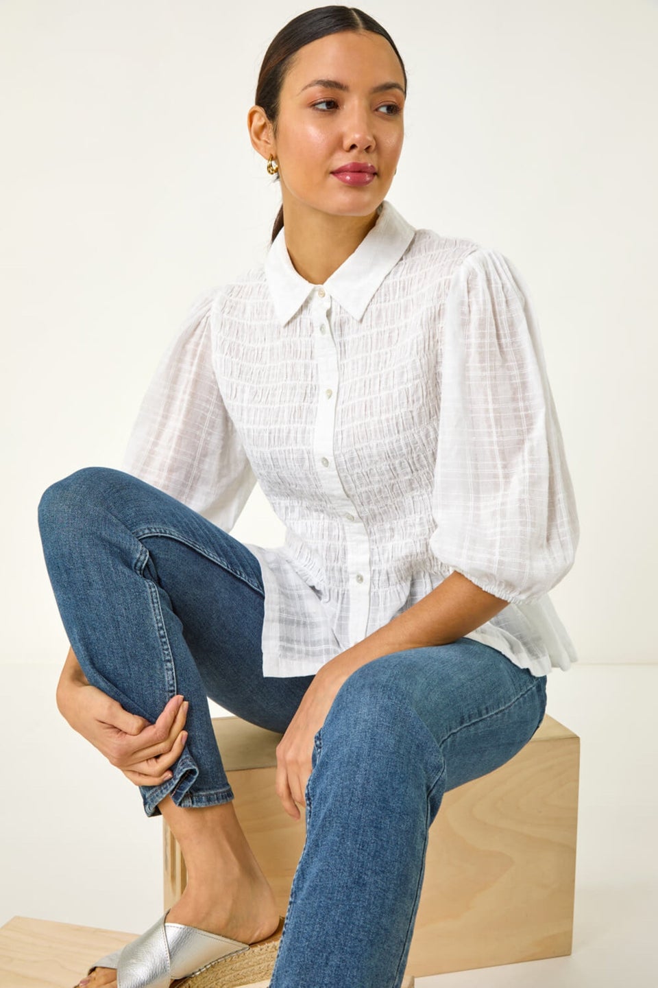 Roman Ivory Collar Shirred Button Blouse