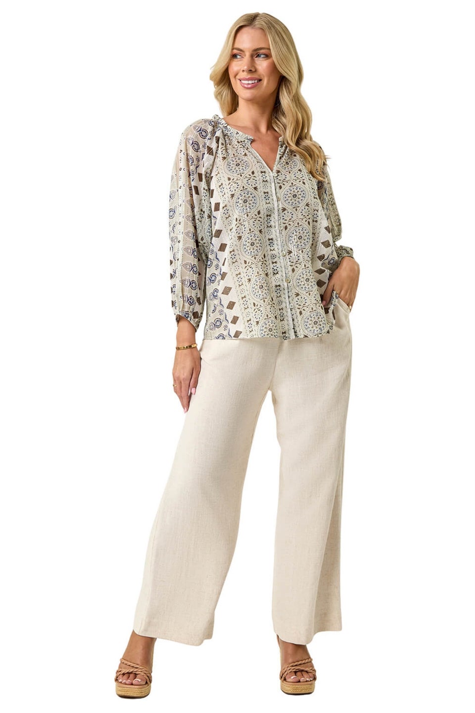 Roman Khaki Petite Metallic Aztec Blouse