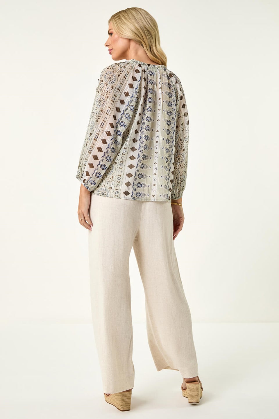 Roman Khaki Petite Metallic Aztec Blouse