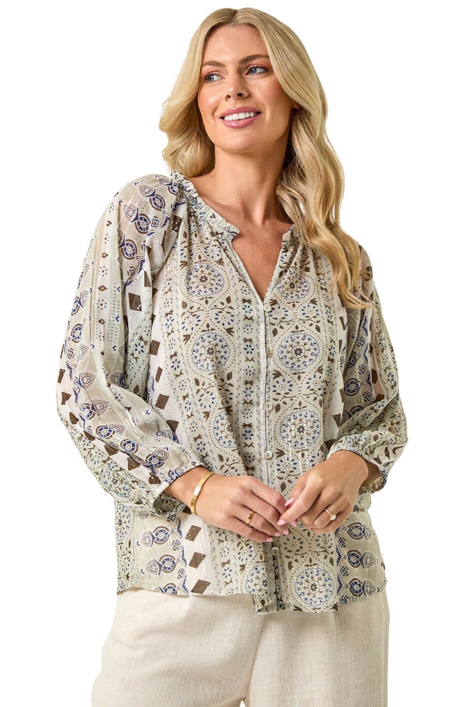 Roman Khaki Petite Metallic Aztec Blouse
