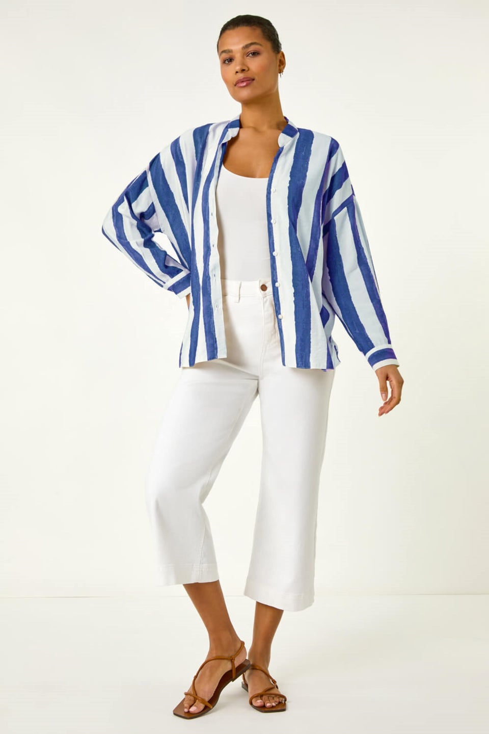 Roman Navy Stripe Print Relaxed Button Shirt
