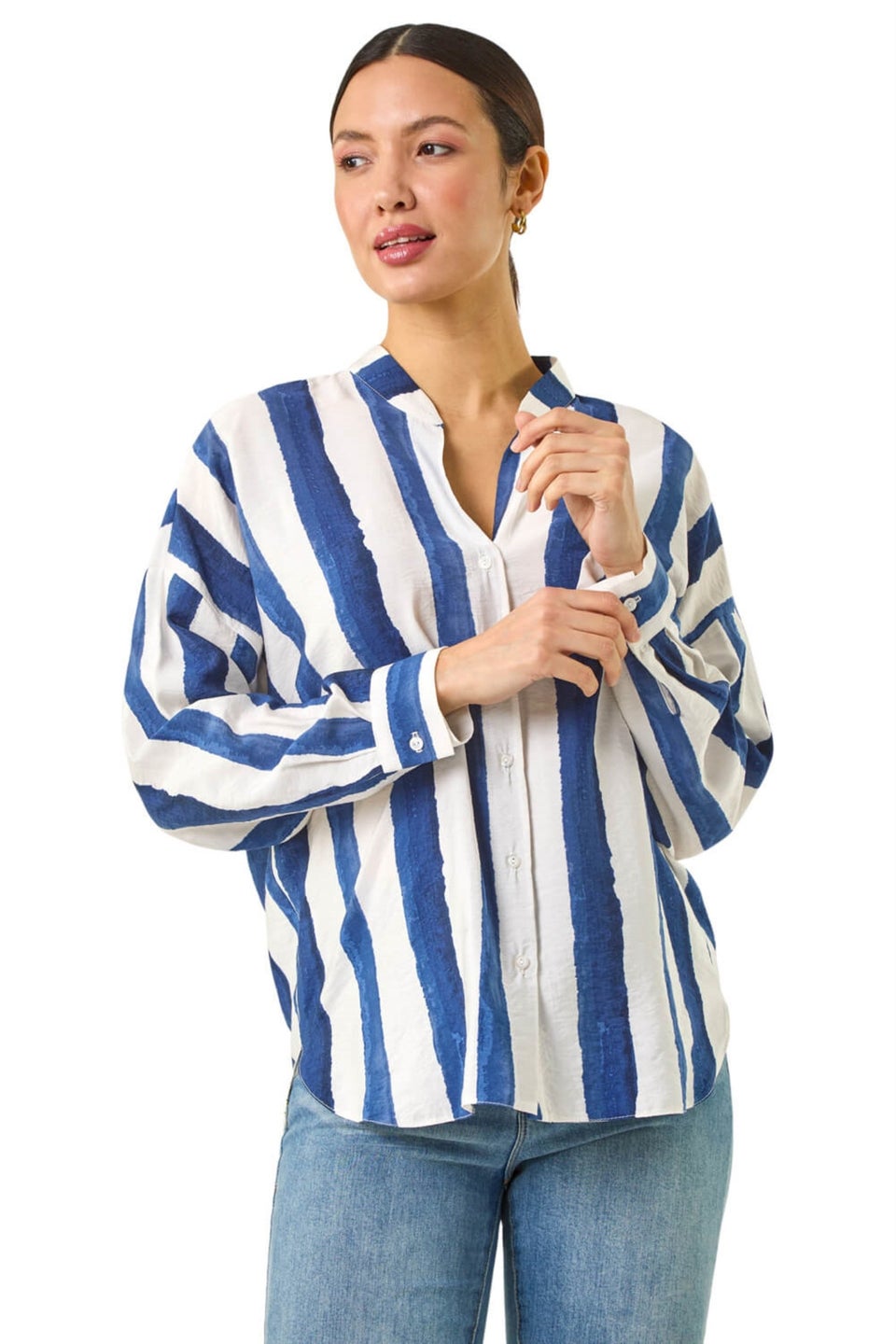 Roman Navy Stripe Print Relaxed Button Shirt