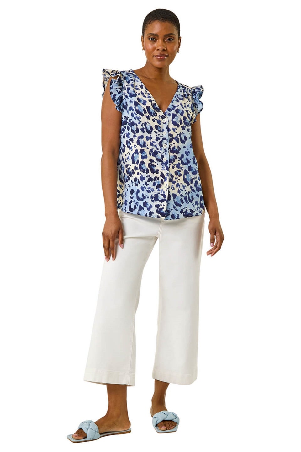 Roman Blue Animal Print Frill Sleeve Blouse