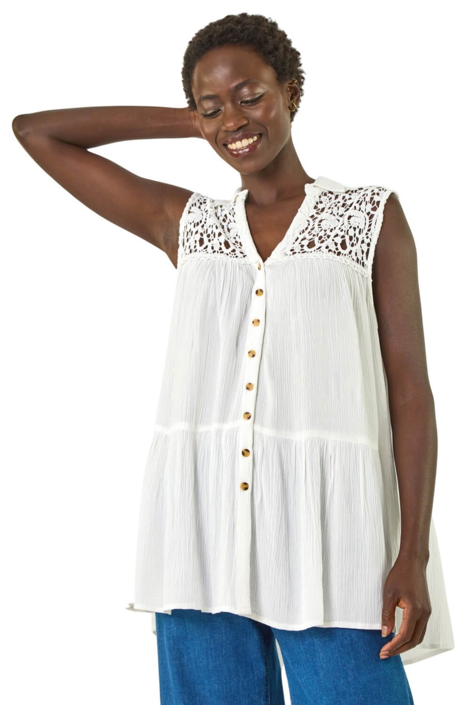 Roman Ivory Lace Yoke Tiered Panel Blouse