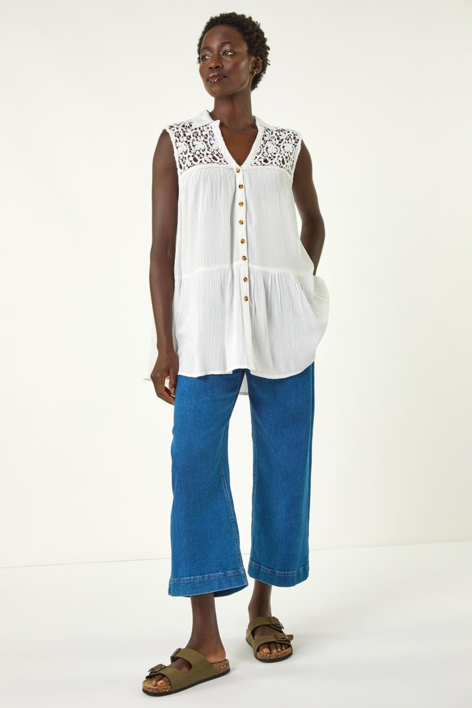 Roman Ivory Lace Yoke Tiered Panel Blouse
