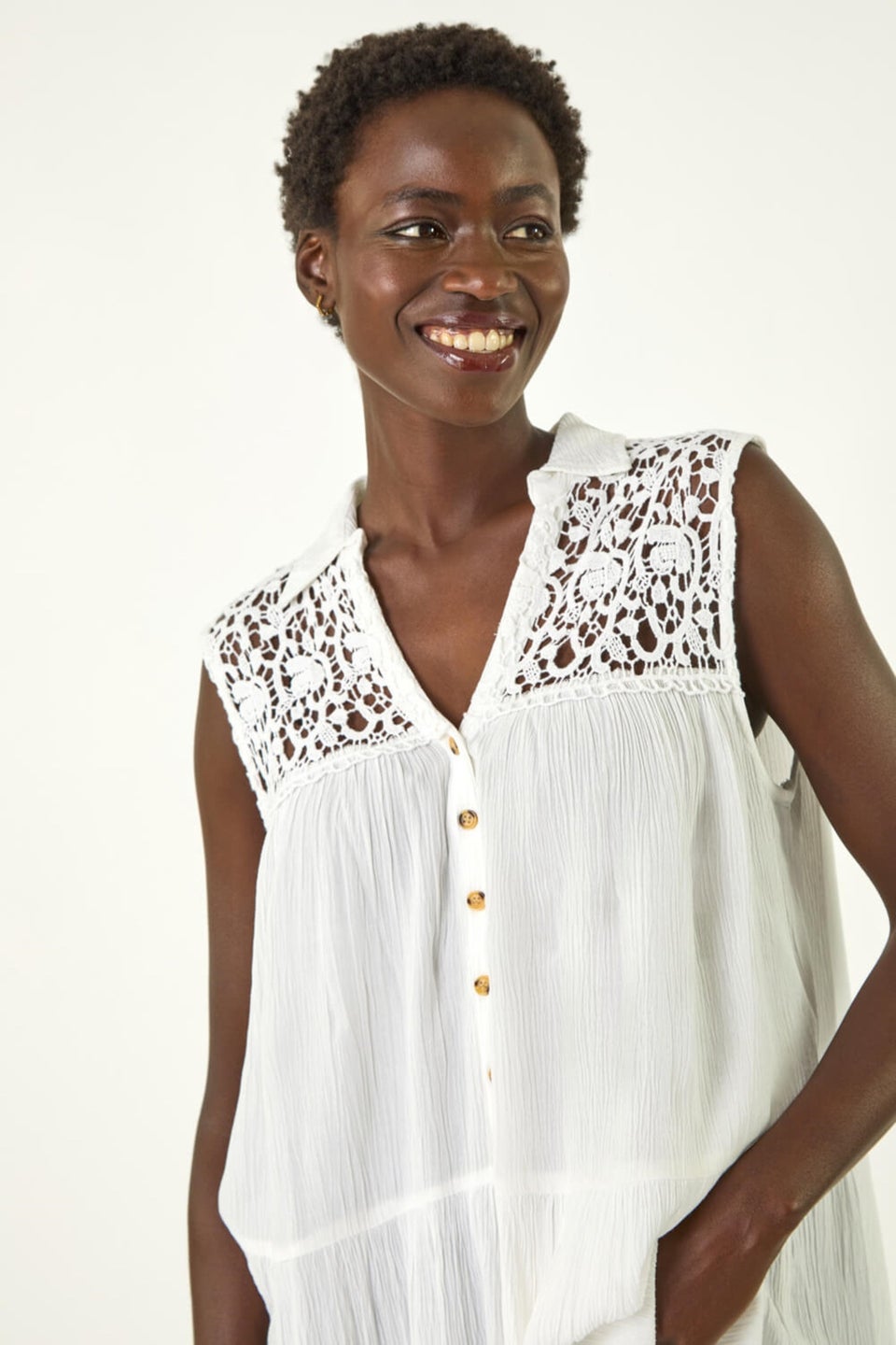 Roman Ivory Lace Yoke Tiered Panel Blouse