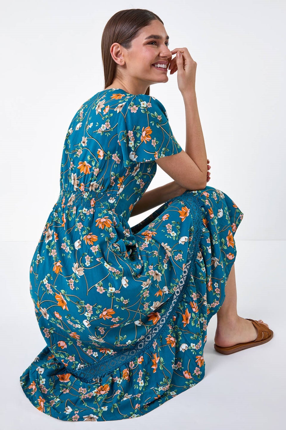 Roman Dark Green Floral Lace Trim Pocket Midi Dress