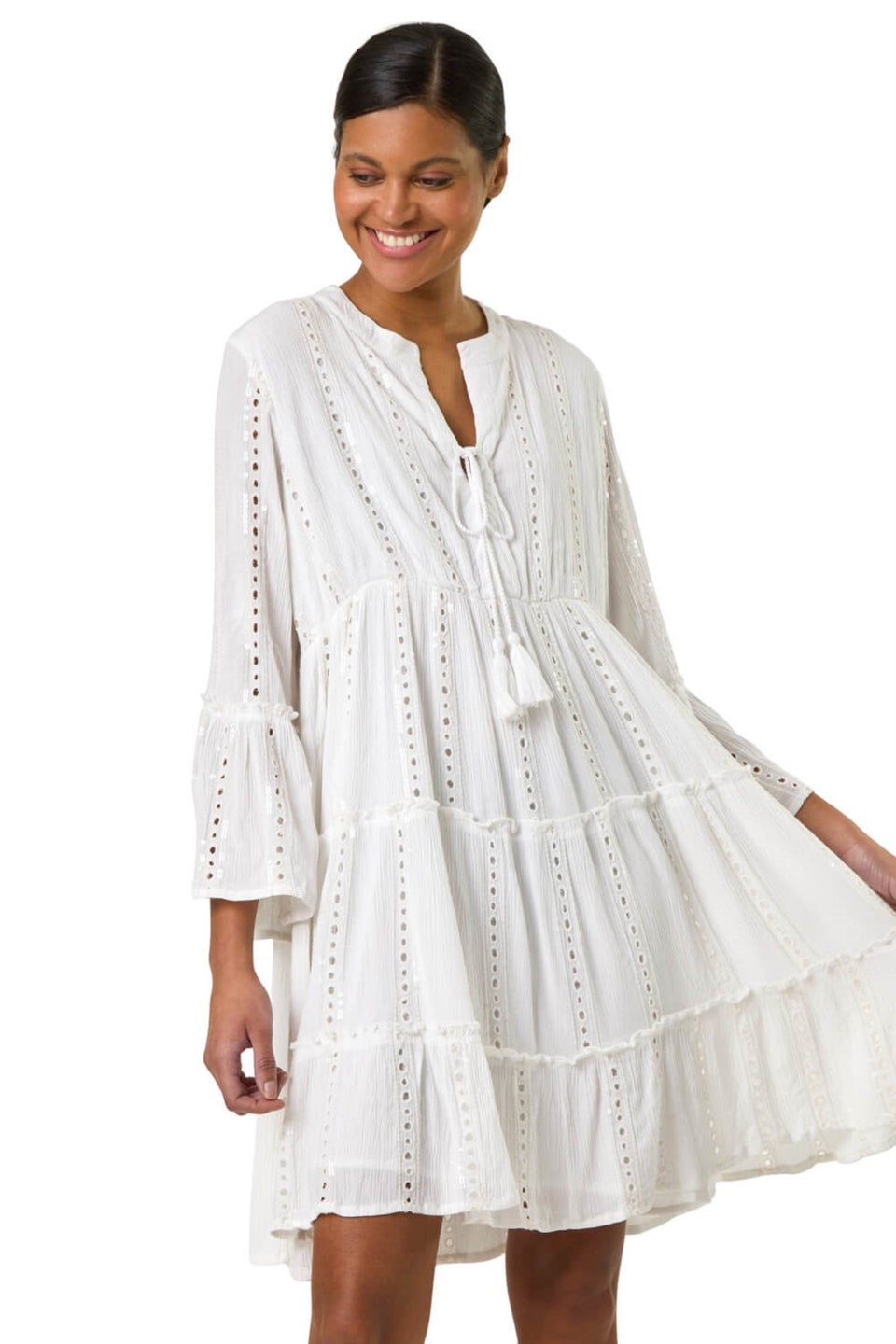 Roman White Shimmer Tie Detail Smock Dress