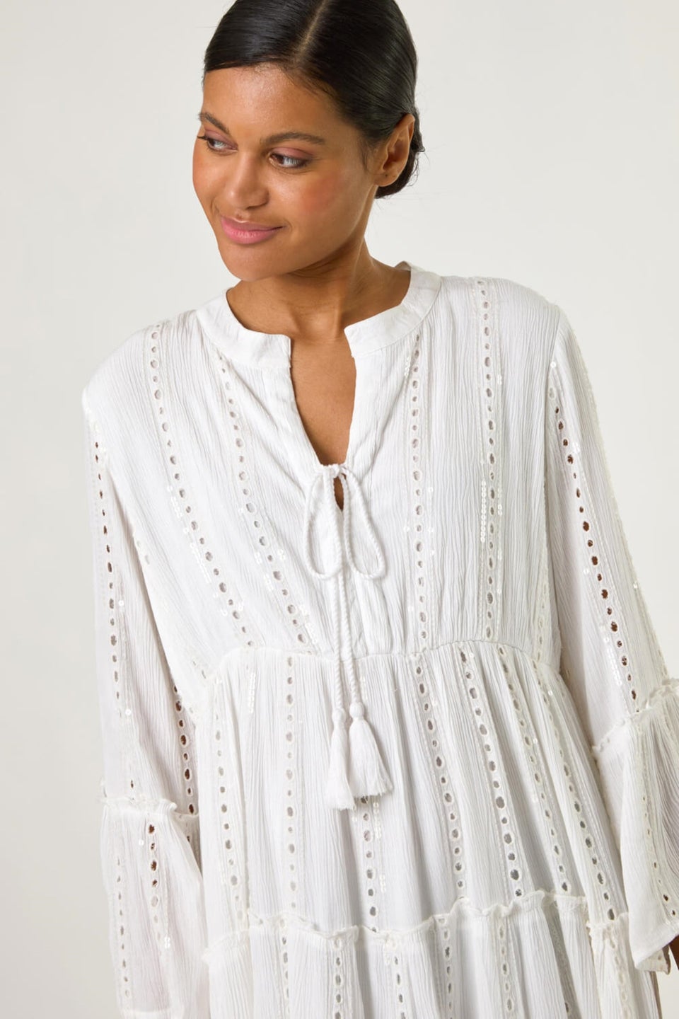 Roman White Shimmer Tie Detail Smock Dress