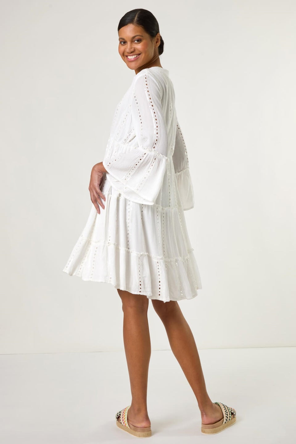 Roman White Shimmer Tie Detail Smock Dress