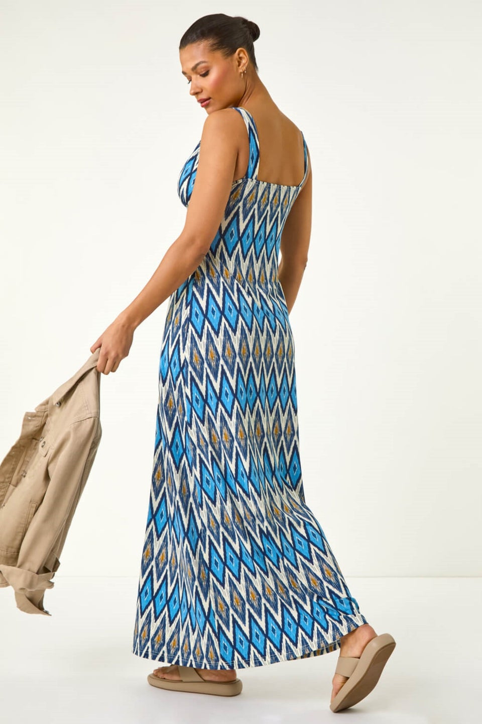 Roman Blue Geometric V-Neck Maxi Dress