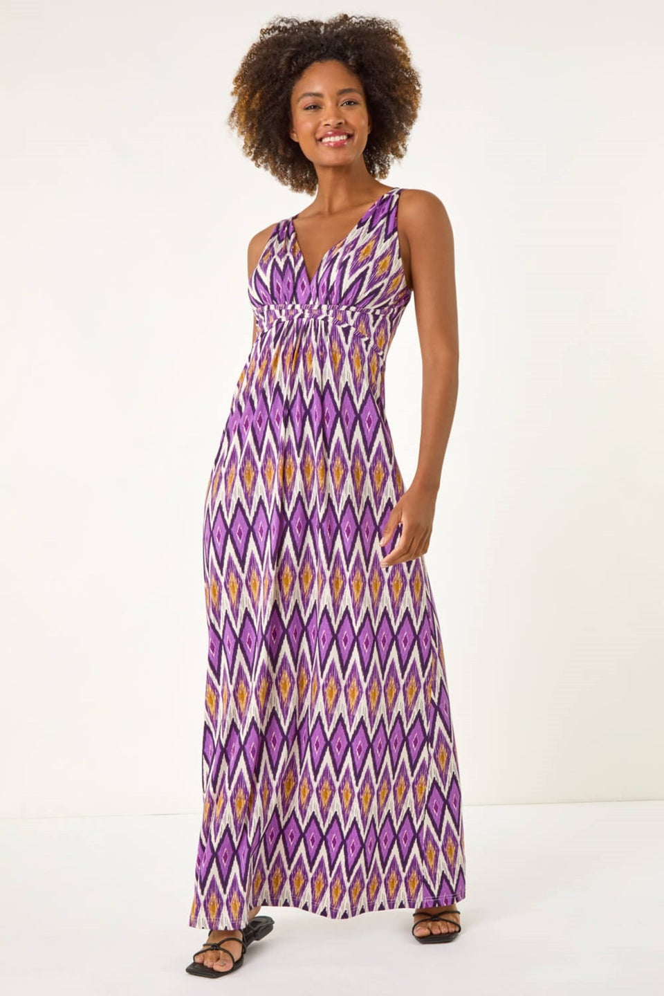 Roman Purple Geometric V-Neck Maxi Dress