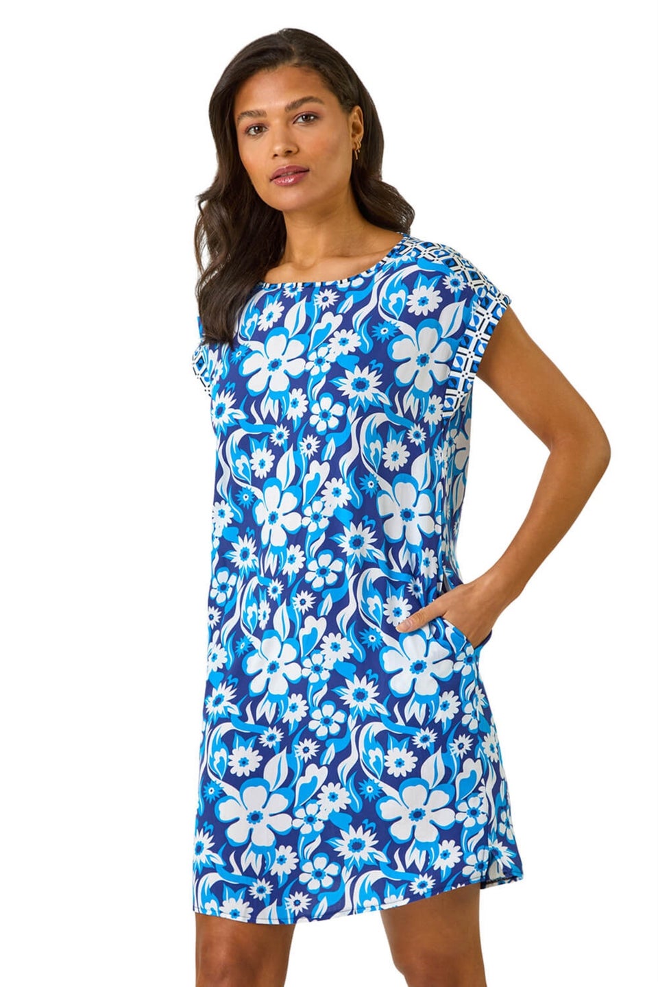 Roman Blue A-Line Floral T-Shirt Dress