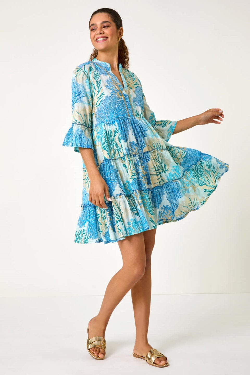 Roman Blue Embroidered Cotton Printed Frill Smock Dress