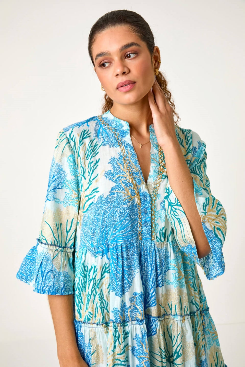 Roman Blue Embroidered Cotton Printed Frill Smock Dress