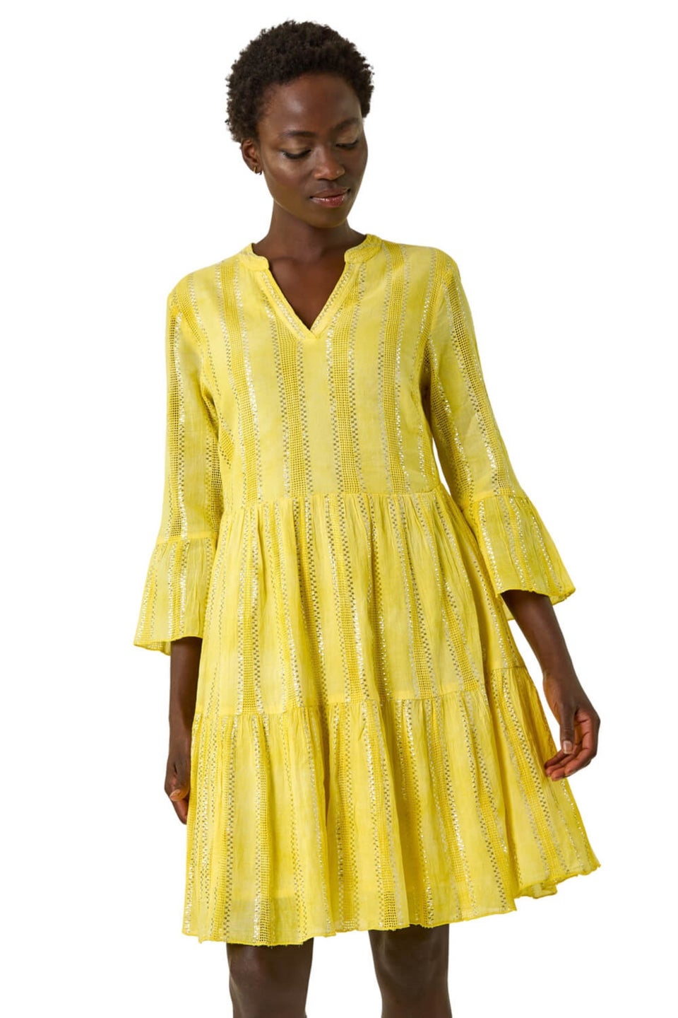 Roman Yellow Tie Dye Shimmer Smock Dress