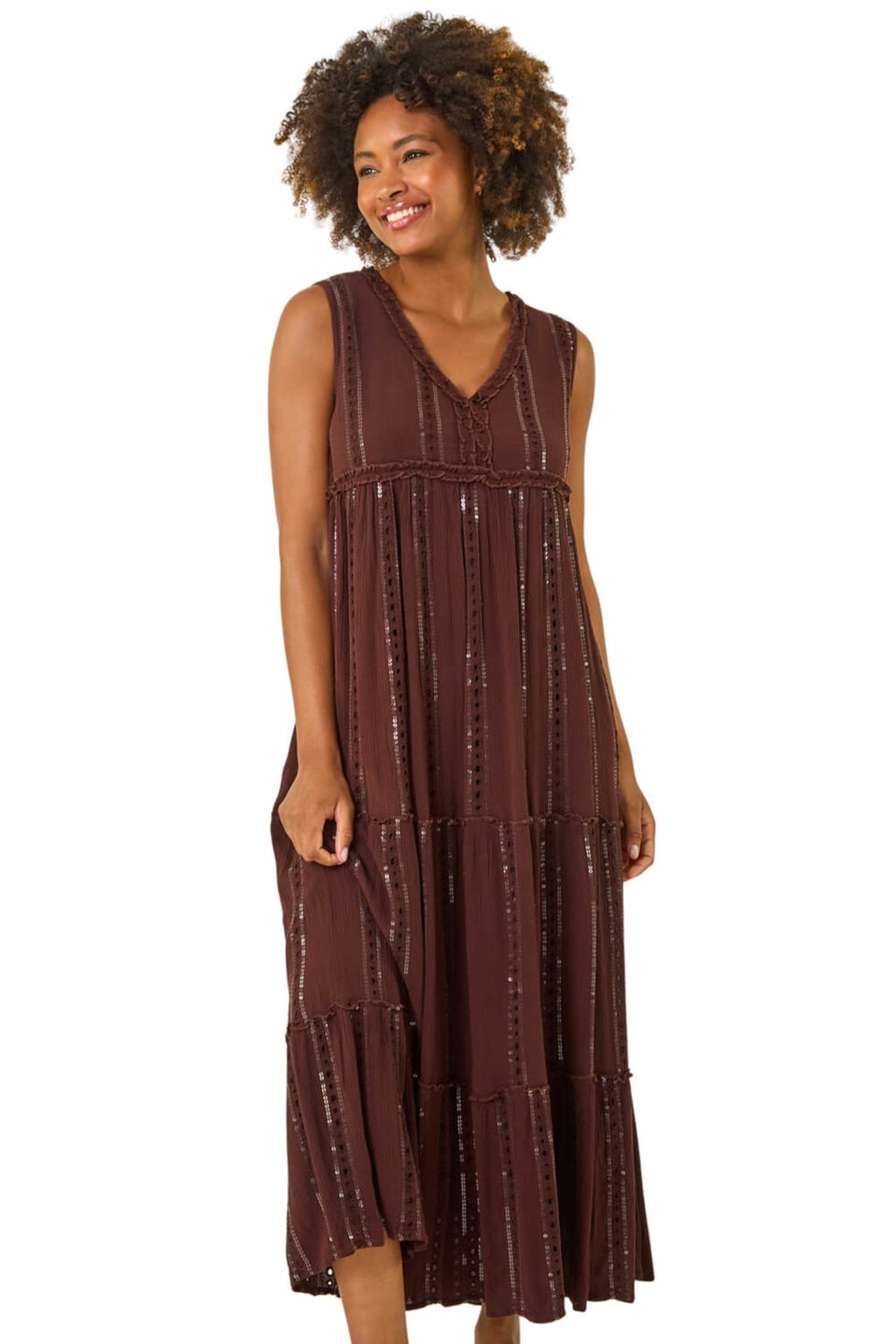 Roman Chocolate Sequin Tiered Maxi Dress