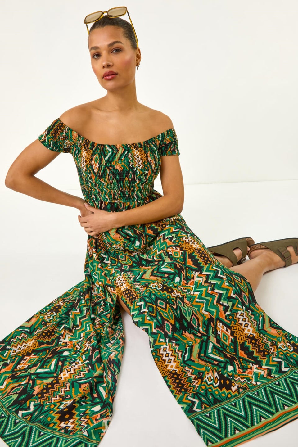 Roman Green Abstract Bardot Shirred Maxi Dress