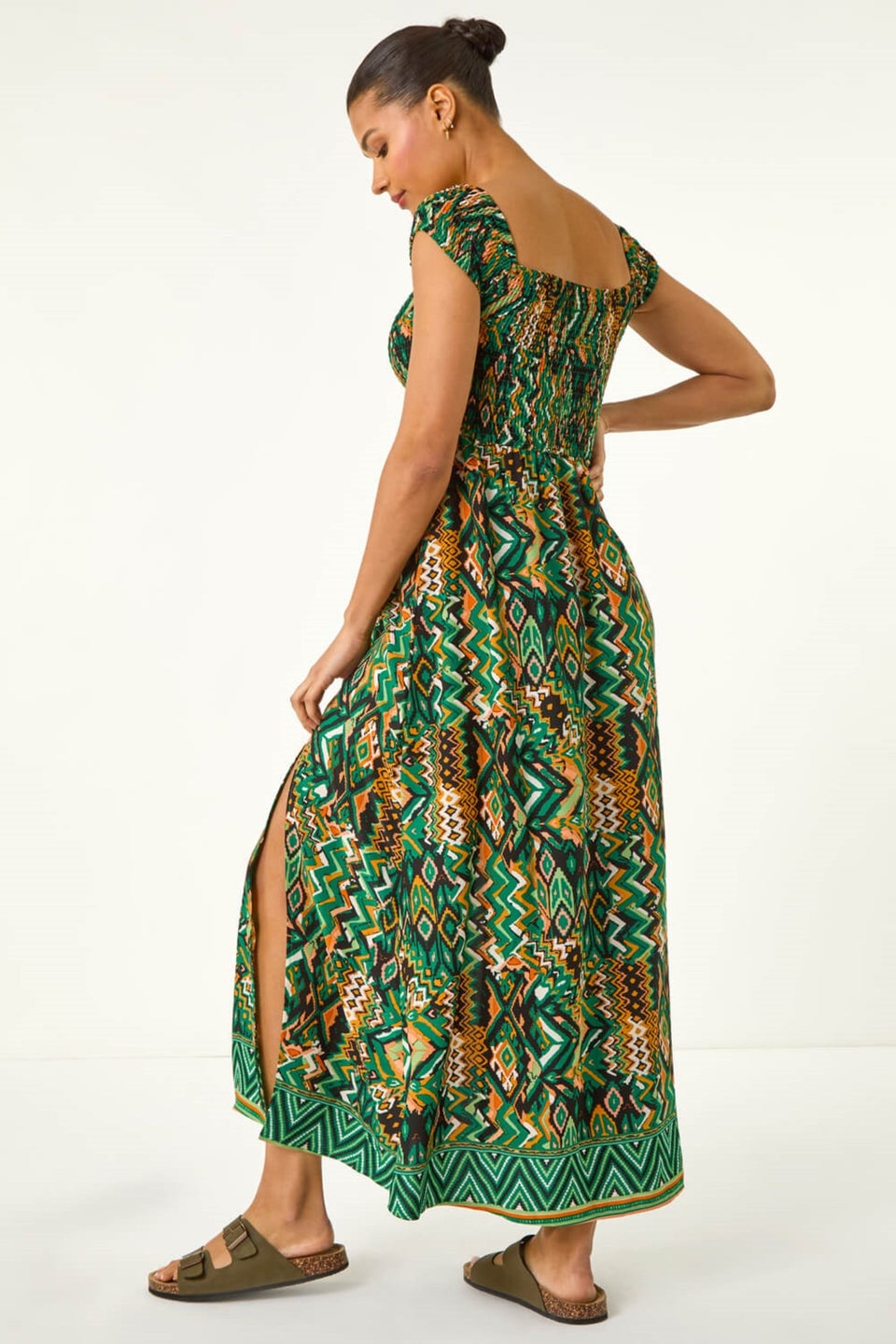 Roman Green Abstract Bardot Shirred Maxi Dress