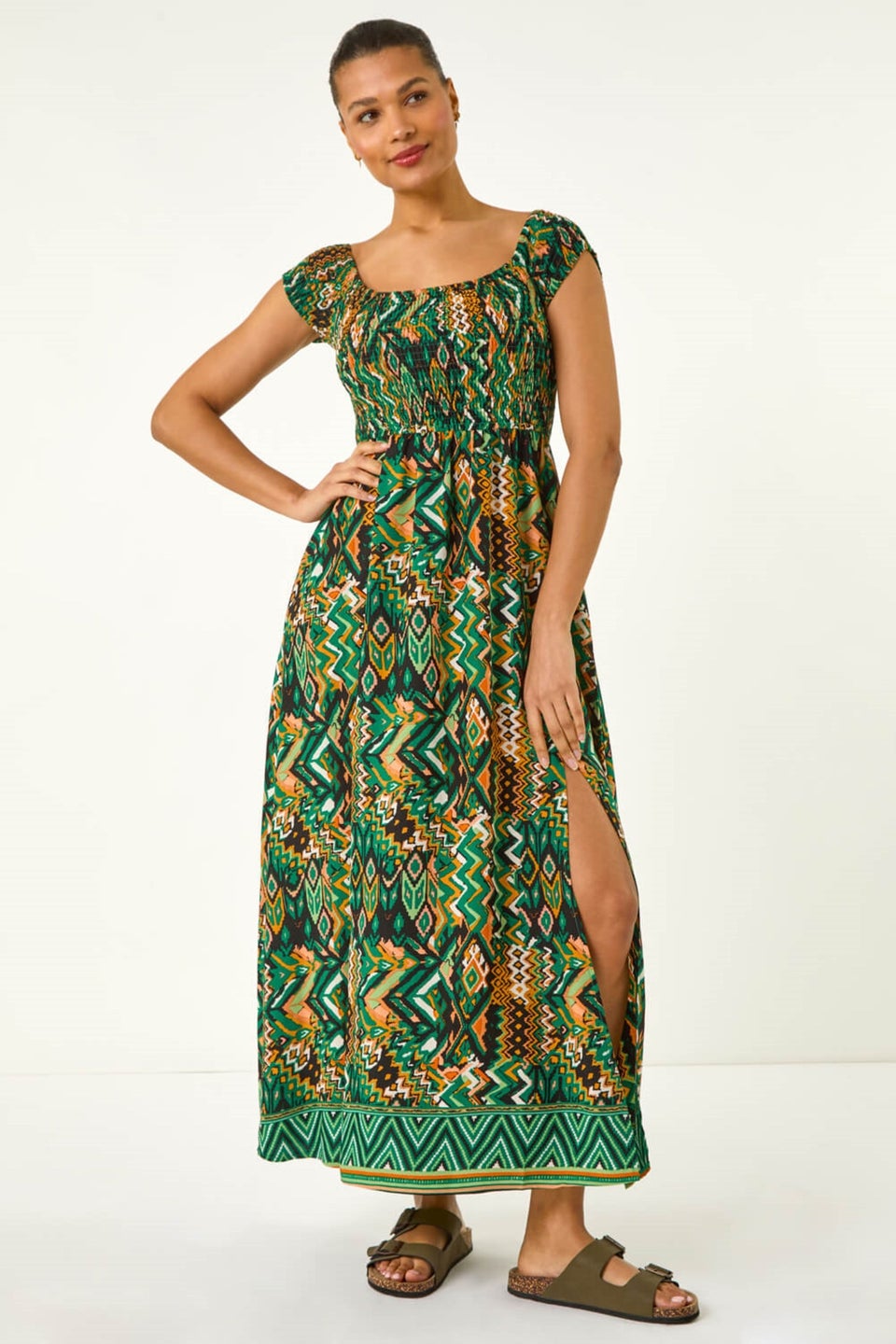 Roman Green Abstract Bardot Shirred Maxi Dress