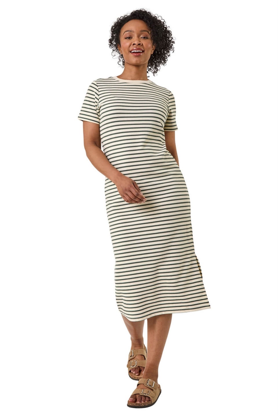 Roman Khaki Petite Stripe Knit Midi Dress